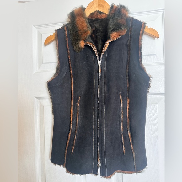 Vintage Black and Brown Soft Lamb Shearing Suede Vest - Picture 1 of 11
